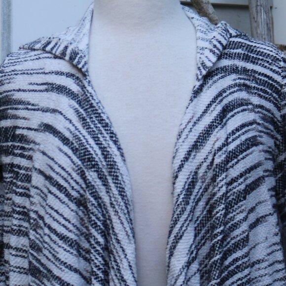 Bella Luxx White w Black Blanket Stripe Draped Waterfall Open Hooded Cardigan S - Picture 3 of 8